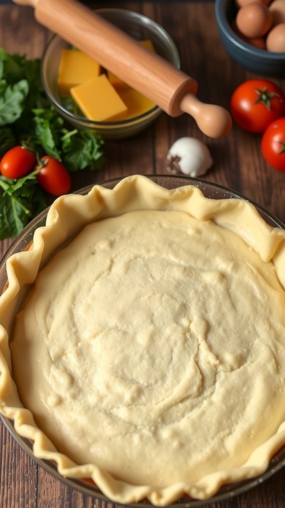 Gluten-Free Quiche Crust Recipe Golden brown gluten-free quiche crust in a pie dish, surrounded by fresh ingredients.